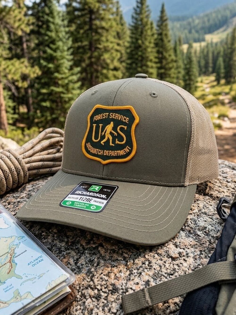 Retro Bigfoot Forest Service Hat Sasquatch Patch Green Khaki Richardson 112 Cap